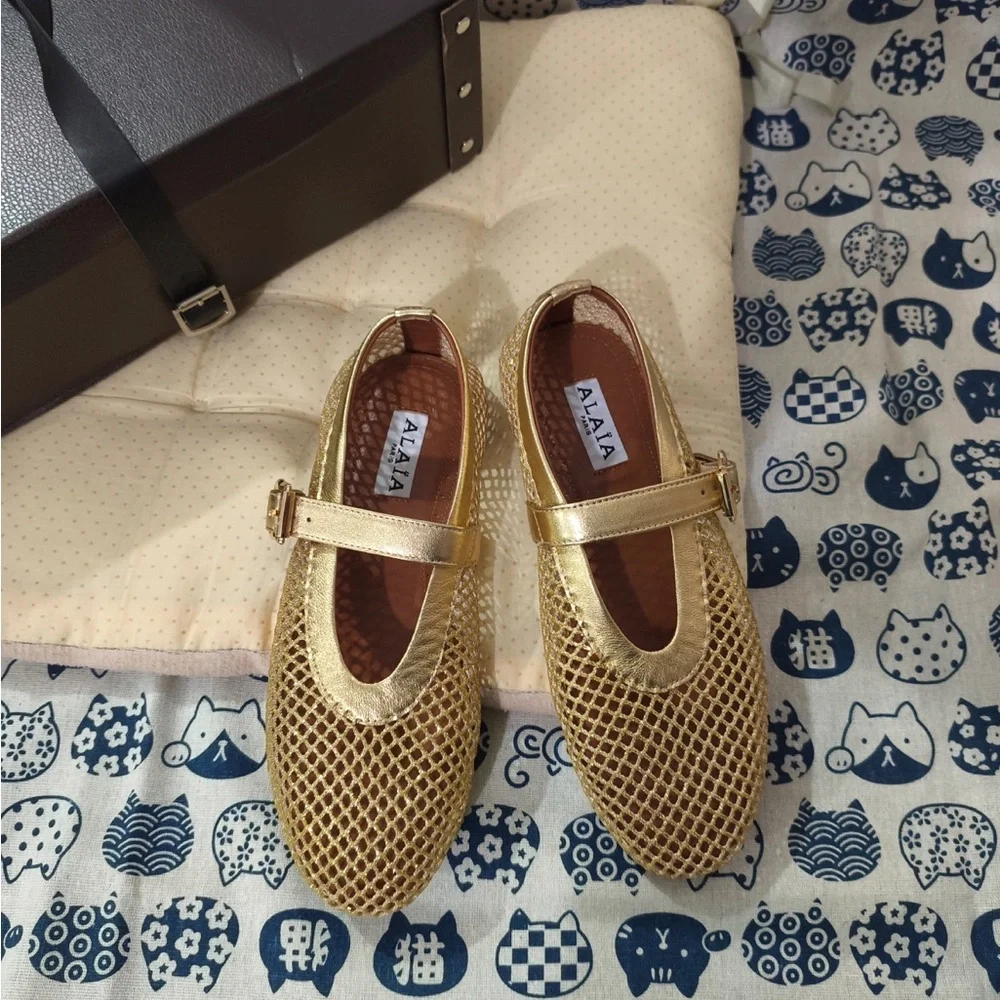 Alaïa Metallic Gold Mesh Mary Jane Flats